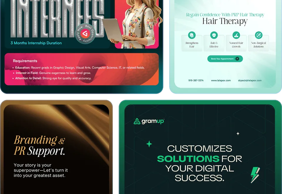 Brand identity concepts for local businesses, including logos, social posts and colour palettes